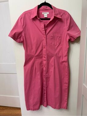 Eddie Bauer L Classic Pink Button Shirt Dress Preppy Colorful Vintage Cotton Eco